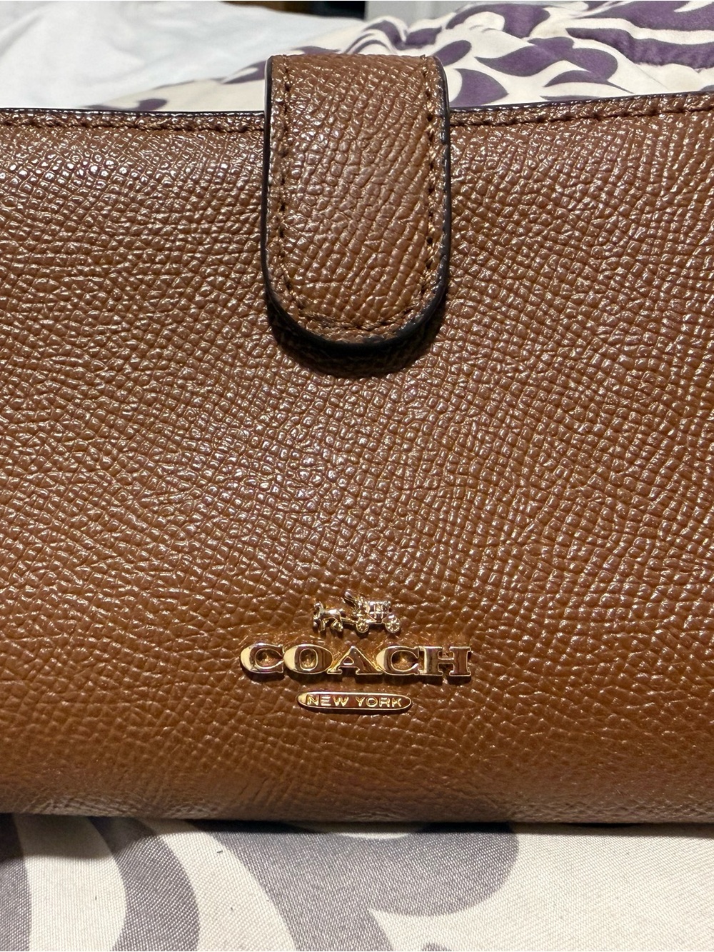 Coach Brown Pebbled Leather Snap Wallet with Gold Logo